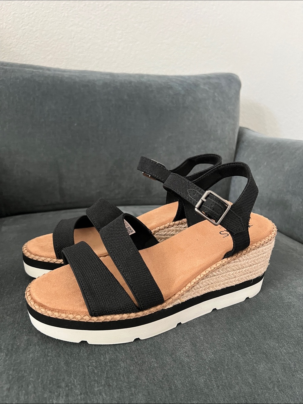 Toms Black Strappy Espadrille Platform Wedge Sandals